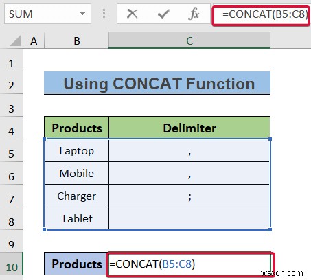 Cách chuyển đổi cột thành văn bản với dấu tách trong Excel