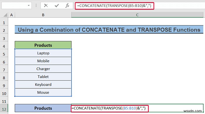 Cách chuyển đổi cột thành văn bản với dấu tách trong Excel