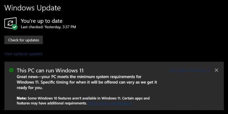 Windows Update hiện thông báo cho Người dùng nội bộ Windows 10 được chọn nếu PC của họ có thể chạy Windows 11