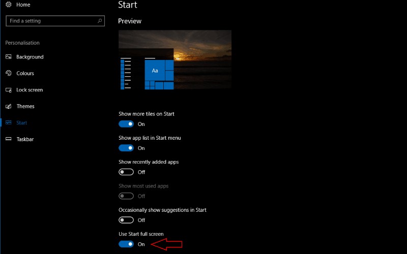 Cách bật Start Menu toàn màn hình trong Windows 10