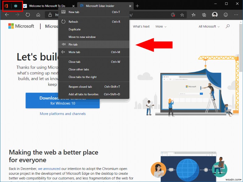 Cách sử dụng tab được ghim trong Microsoft Edge Insider