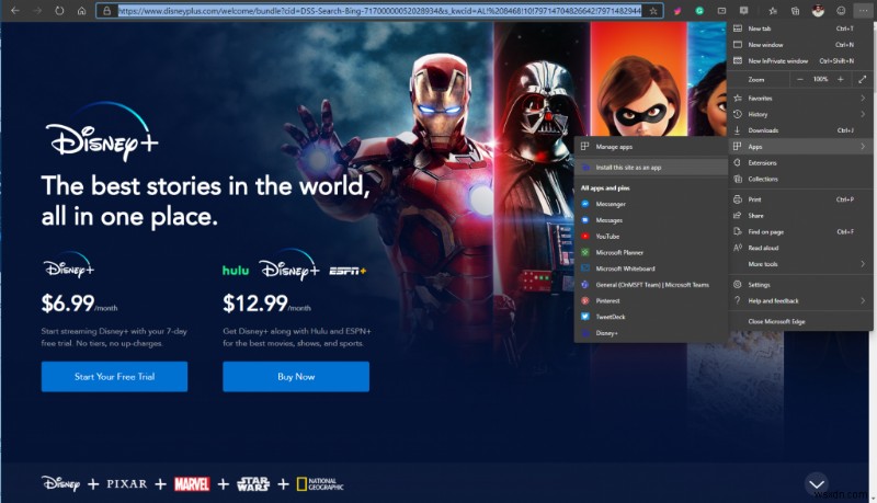 Cách thiết lập Disney + làm PWA trên Windows 10