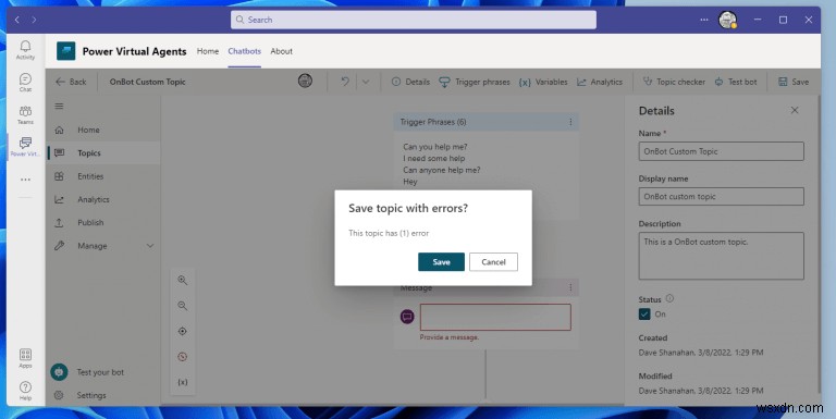 Cách tạo và chỉnh sửa chủ đề cho chatbot Power Virtual Agents của bạn trên Microsoft Teams