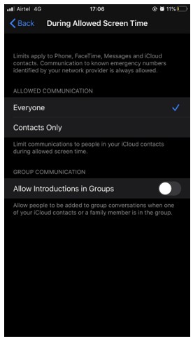 Giới hạn giao tiếp:Tính năng mới nhất trong  Thời gian sử dụng  trên iPhone (iOS 13.3)