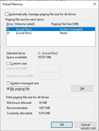 Cách Thay đổi/Di chuyển hoặc Tắt Pagefile trong Windows 10