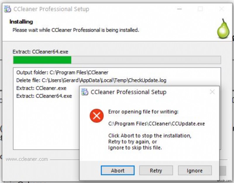 Lỗi mở tệp để ghi CCleaner trên Windows 11