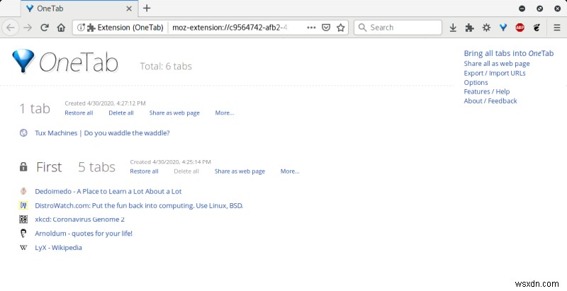 Firefox OneTab - Một tab để quản lý tất cả