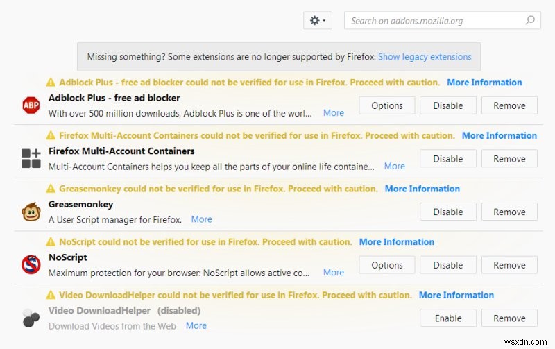 Firefox vô hiệu hóa tất cả tiện ích bổ sung - Sự cố &Giải pháp