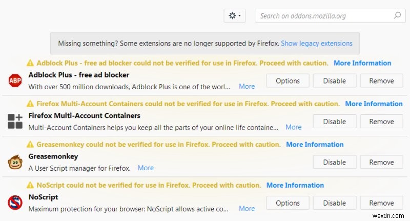 Firefox vô hiệu hóa tất cả tiện ích bổ sung - Sự cố &Giải pháp