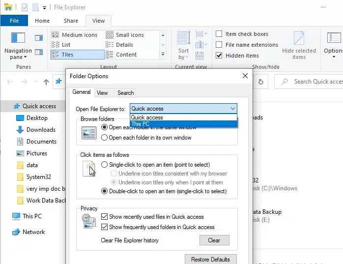 Cách mở File Explorer cho PC này thay vì truy cập nhanh vào windows 10