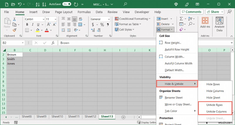 Khôi phục mức độ hiển thị:Hiện cột hoặc hàng đầu tiên trong Excel 