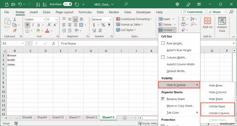 Khôi phục mức độ hiển thị:Hiện cột hoặc hàng đầu tiên trong Excel 