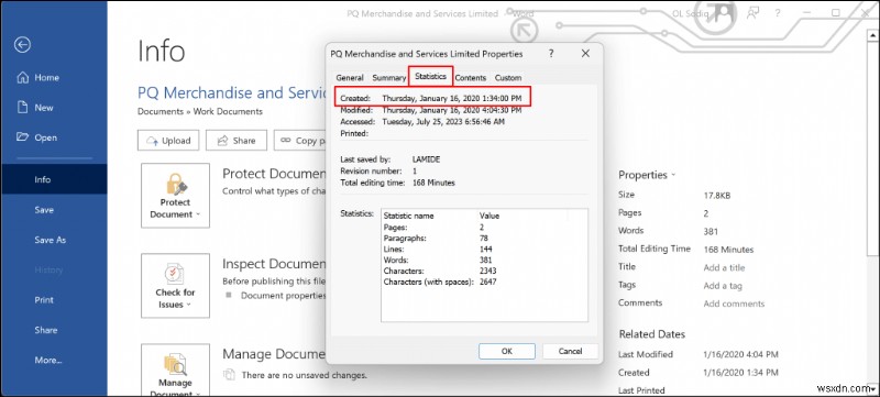 Khám phá thời điểm tài liệu Word được tạo hoặc sửa đổi trong Windows 
