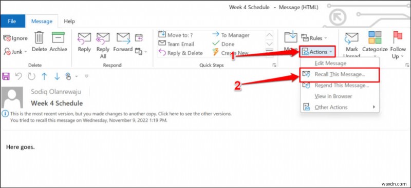 Hướng dẫn nhanh:Hủy gửi và thu hồi email Outlook trên web và máy tính để bàn 