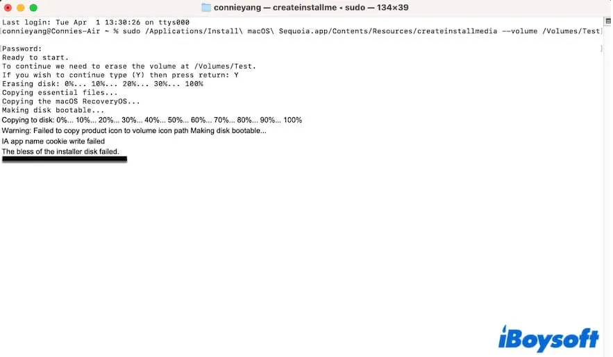 Giải quyết lỗi  Bless of the Installer Disk Failed  trong Terminal &OpenCore 