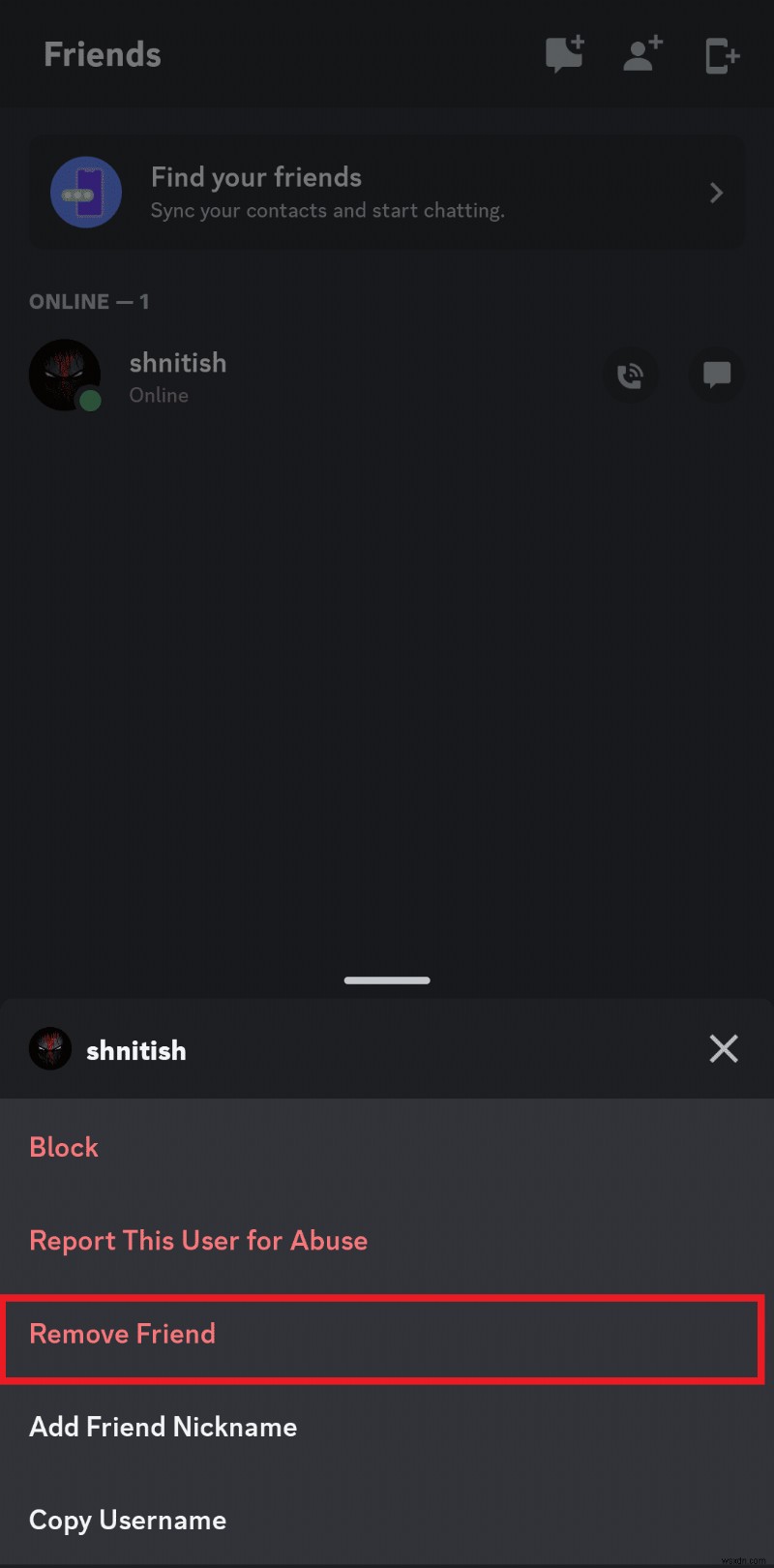 Hướng dẫn từng bước để hủy kết bạn với người dùng trên ứng dụng Android của Discord 