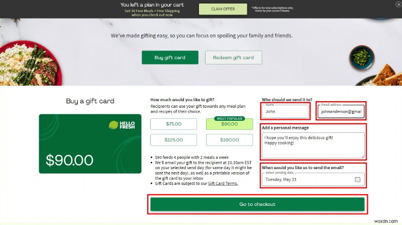 Cách tặng quà HelloFresh:Gửi thẻ Bộ đồ ăn ngon cho bạn bè