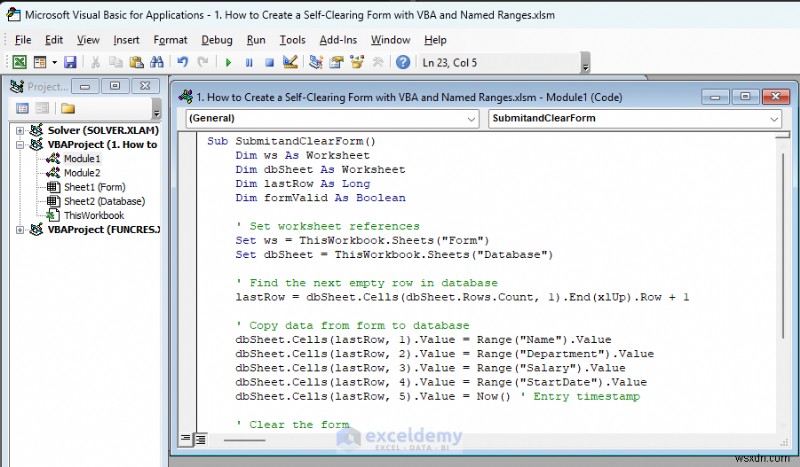 Tạo biểu mẫu Excel tự xóa bằng VBA và các dãy được đặt tên 