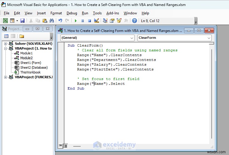 Tạo biểu mẫu Excel tự xóa bằng VBA và các dãy được đặt tên 