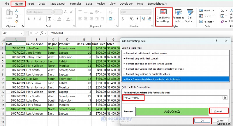 Định dạng có điều kiện dựa trên công thức chính trong Excel 