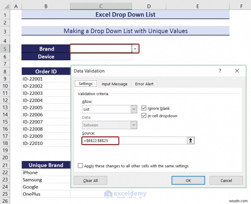 Danh sách thả xuống chính của Excel:Tạo, chỉnh sửa, xóa, lọc và bảo vệ 
