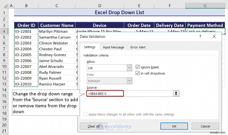 Danh sách thả xuống chính của Excel:Tạo, chỉnh sửa, xóa, lọc và bảo vệ 