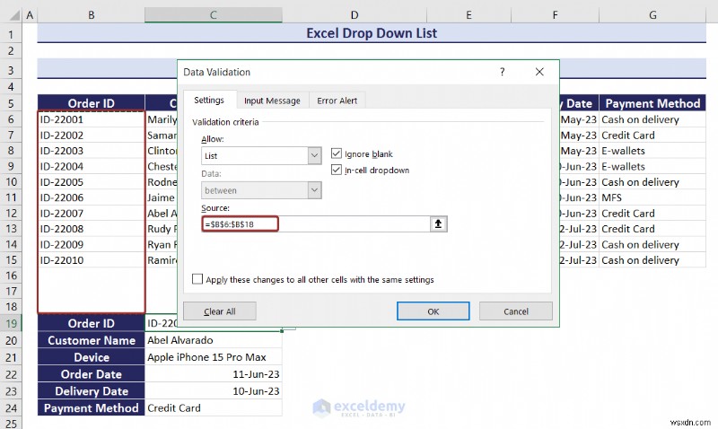 Danh sách thả xuống chính của Excel:Tạo, chỉnh sửa, xóa, lọc và bảo vệ 