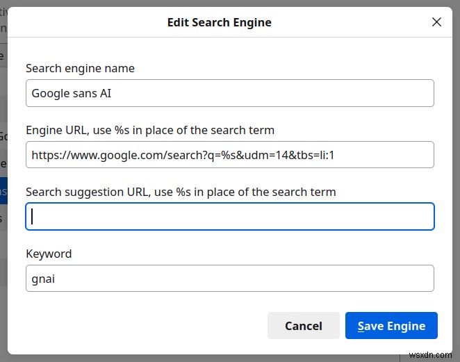 Tìm kiếm của Google không có lớp phủ AI + Công cụ tìm kiếm Firefox tùy chỉnh 